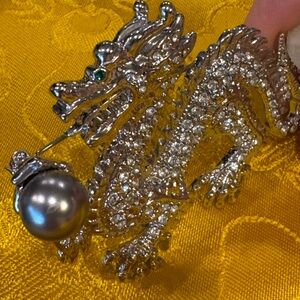 Silver-Tone Clear Rhinestone and Gray Pearl Dragon Brooch
